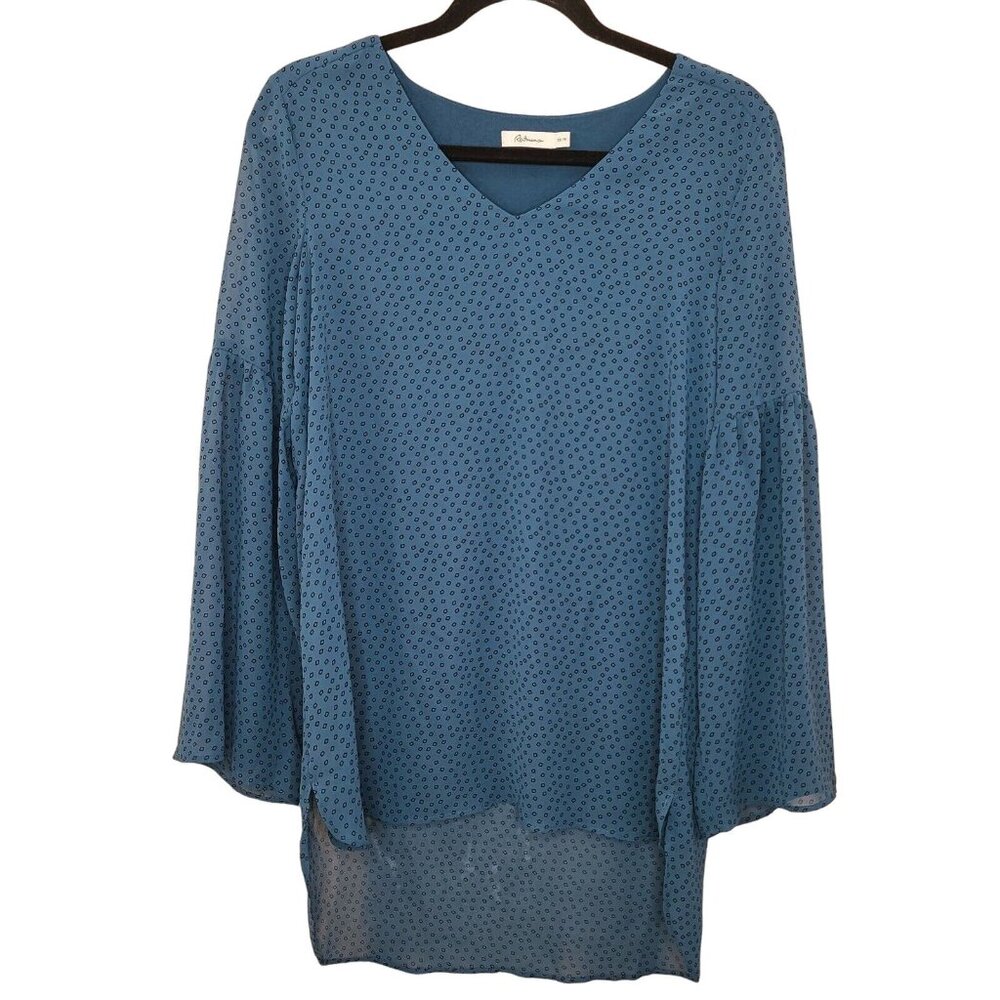 Reitmans Womens Blouse Top XS Blue Geometric Print Chiffon Tunic Hi Low Casual